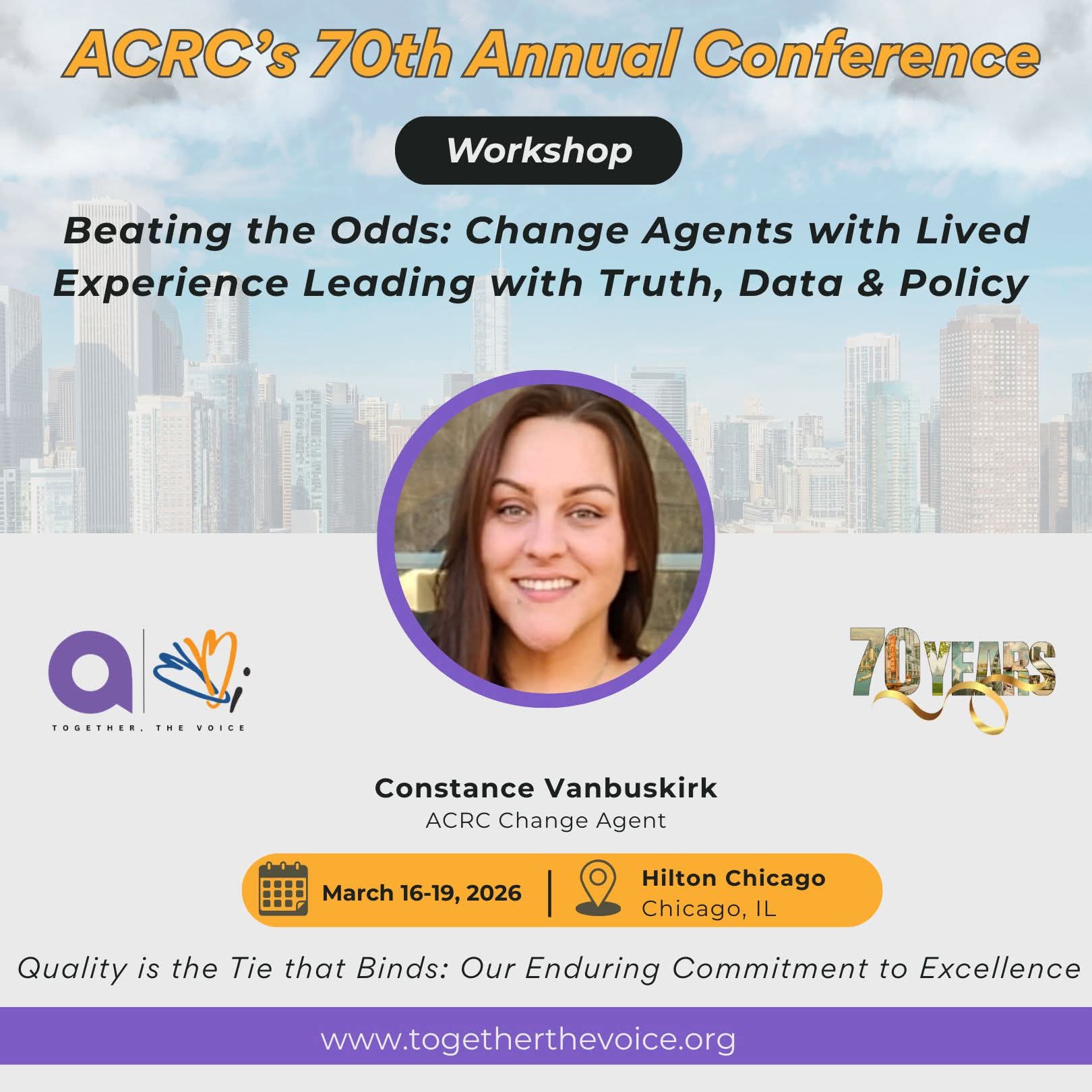 A graphic showing Constance Vanbuskirk as a speaker for the ACRC conference