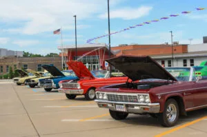 Classic cars lined up at Hesston high school